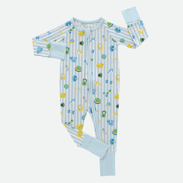 Kirsty Rae Fitness Stripes - Blue - Bamboo Zippy Romper